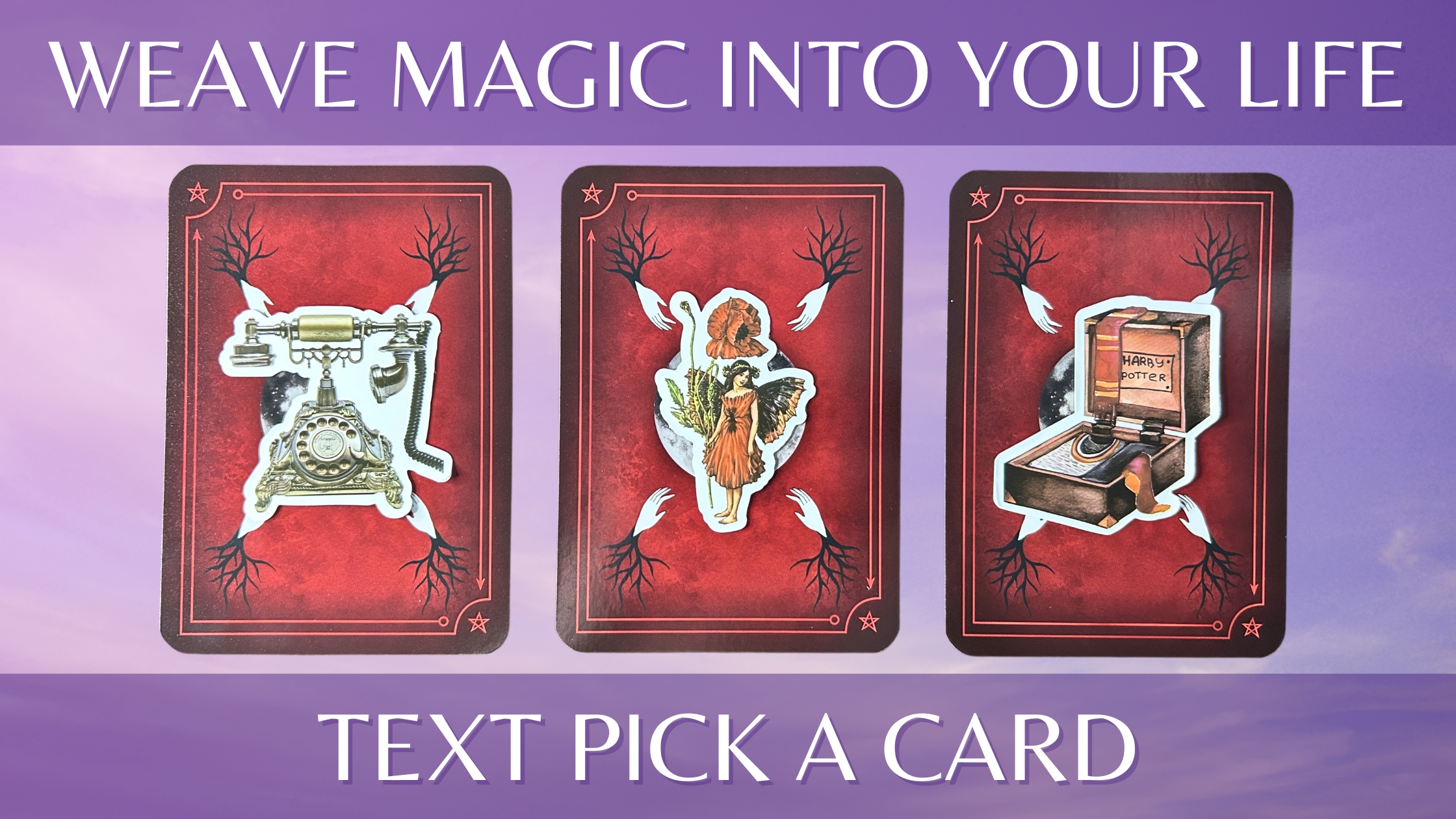 Three oracle pick a card piles with vintage illustrations on them