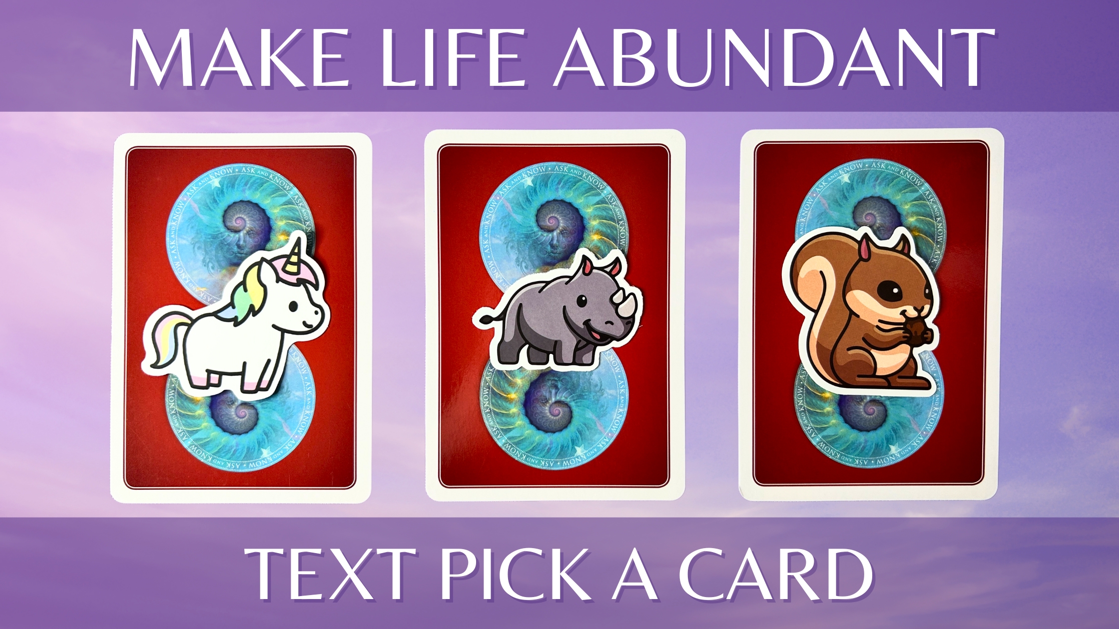 Three pick a card piles from the Wisdom of the Oracle deck: pile 1 - unicorn, pile 2 - rhino, pile 3 - squirrel