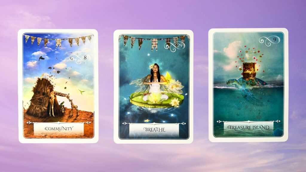 Cards from the Wisdom of the Oracle deck: Community, Breathe, and Treasure Island