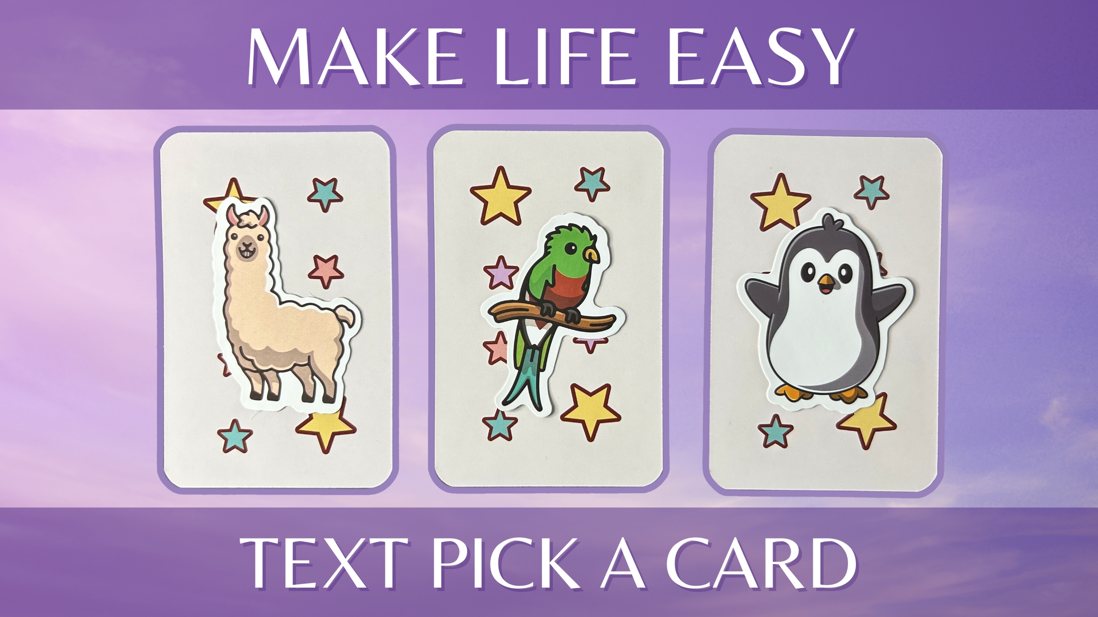 Three tarot pick a card piles with cute animal stickers on them