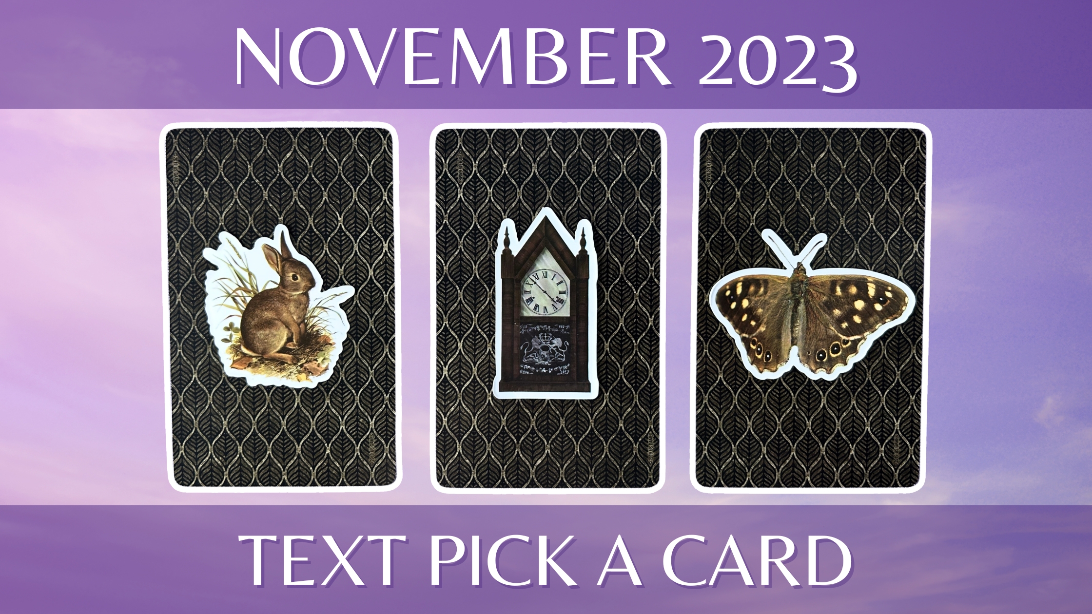 Three tarot pick a card piles from the Crow Tarot: pile 1 - rabbit, pile 2 - clock, pile 3 - moth