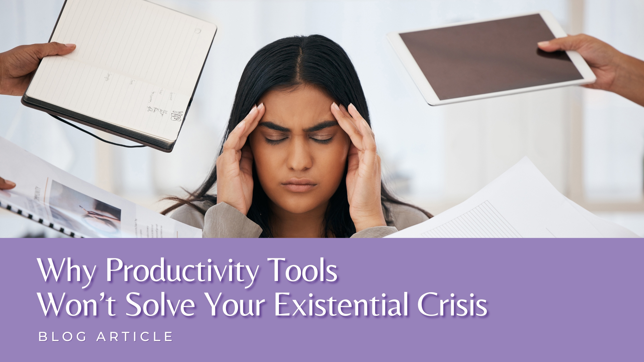 A frustrated woman ignoring productivity tools and work around her