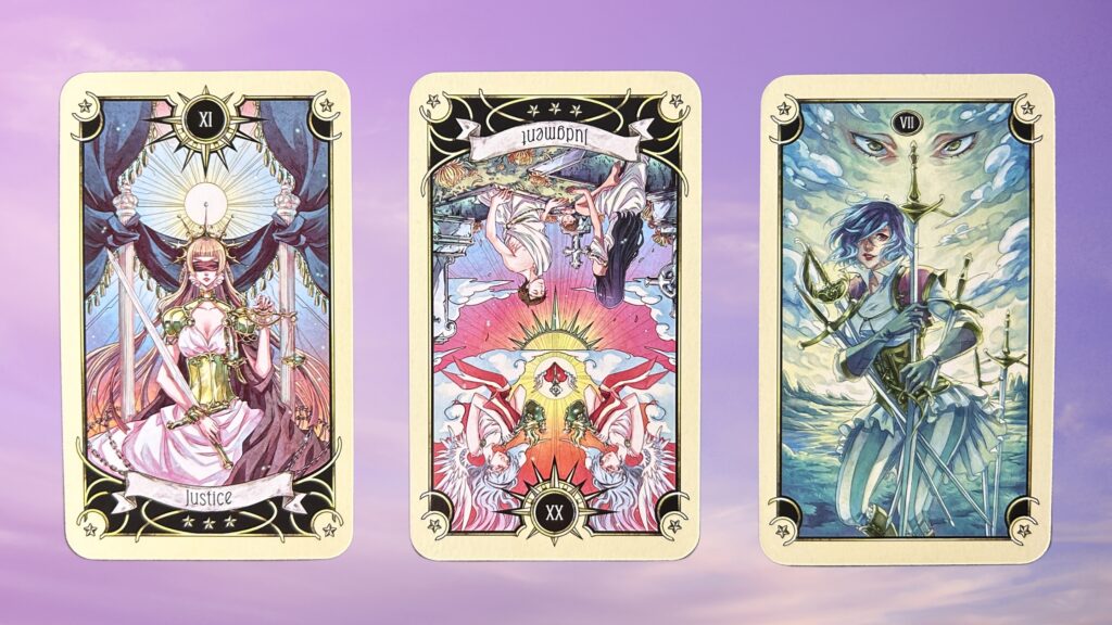 Cards from the Mystical Manga Tarot deck: Justice, Judgment, and the Seven of Swords