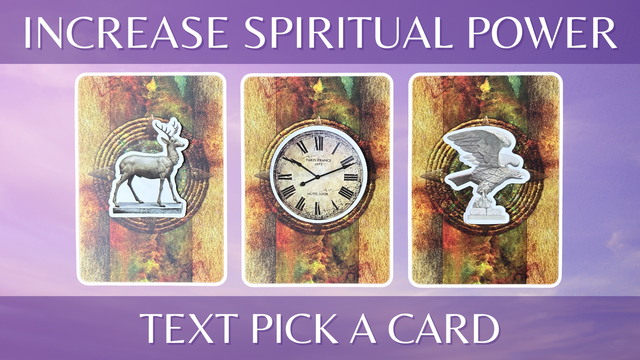 Three pick a card piles from the Mystical Shaman Oracle deck: pile 1 - deer, pile 2 - clock, pile 3 - bird