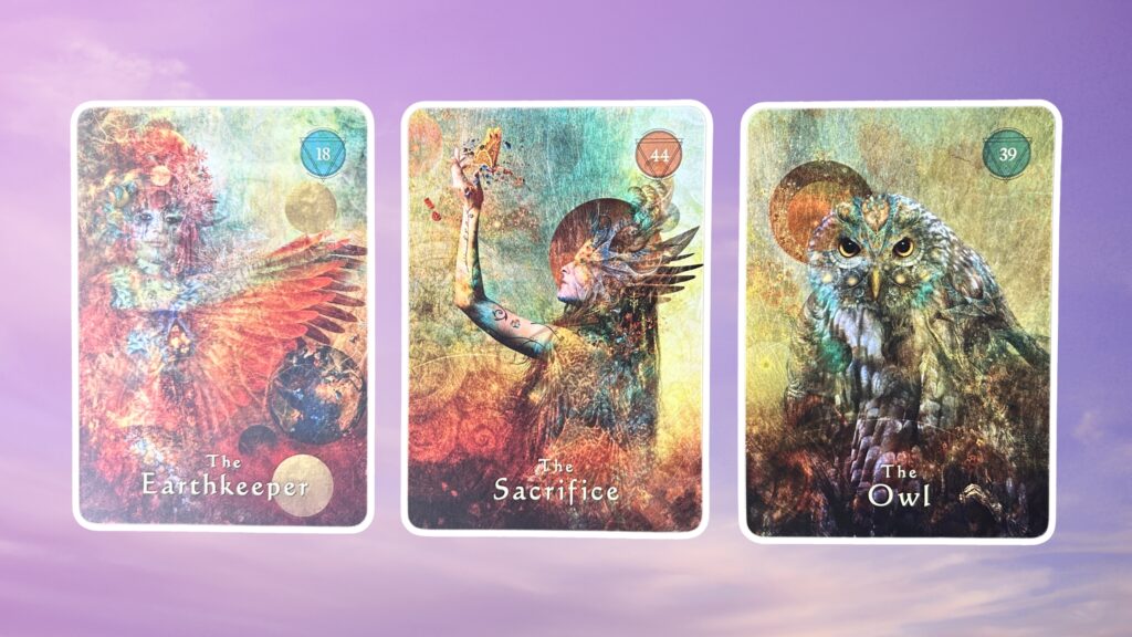 Three cards from the Mystical Shaman Oracle deck: pile 1 - The Earthkeeper, pile 2 - The Sacrifice, pile 3 - The Owl