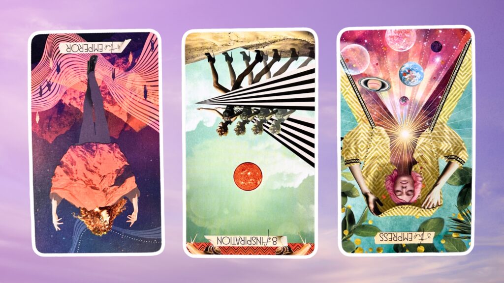 Cards from the Muse Tarot: The Emperor, Eight of Inspiration, and The Empress