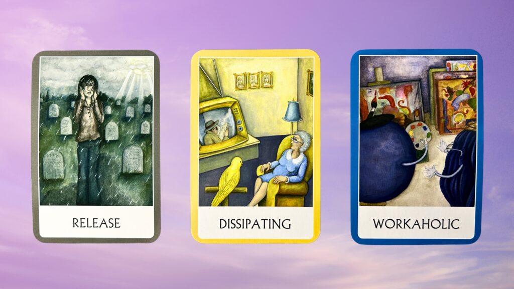 Cards from the Chakra Wisdom Oracle deck: Release, Dissipating, Workaholic