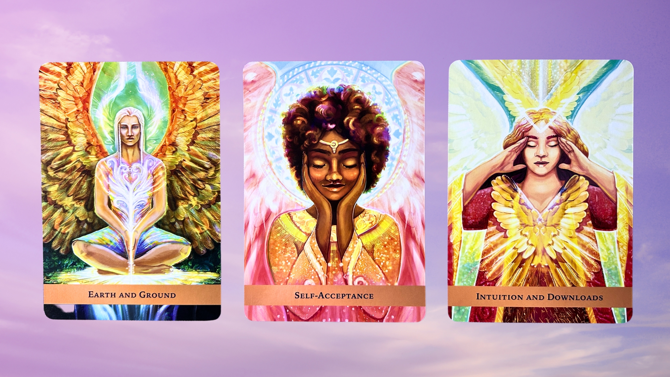 Cards from the Angel Guide Oracle deck: Earth and Ground, Self-Acceptance, and Intuition and Downloads