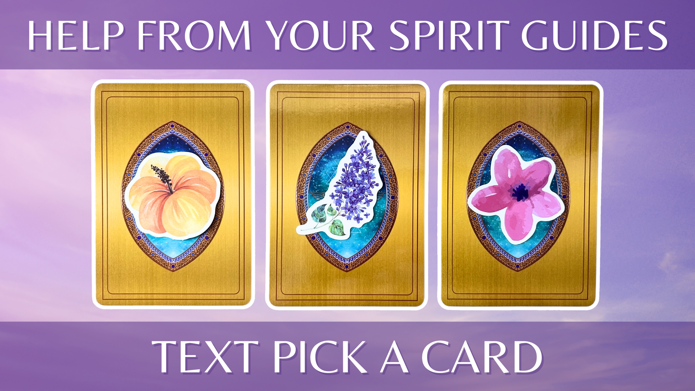 Three pick a card piles from the Keepers of the Light Oracle deck: pile 1 - orange flower, pile 2 - purple flowers, pile 3 - pink flower