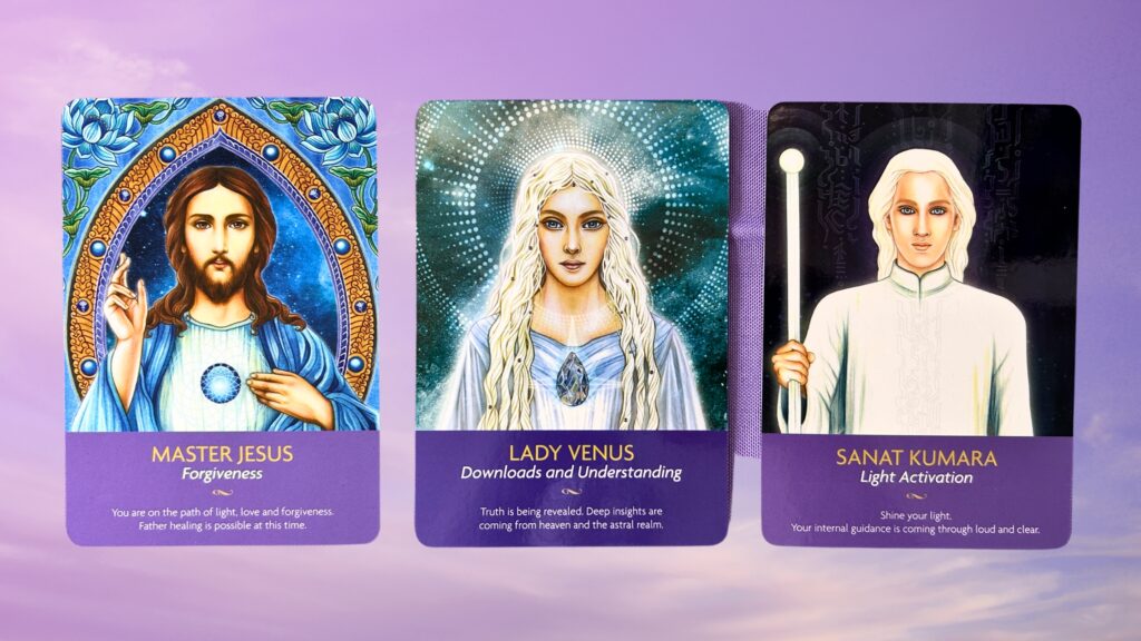 Cards from the Keepers of the Light Oracle deck: master Jesus, Lady Venus, and Sanat Kumara