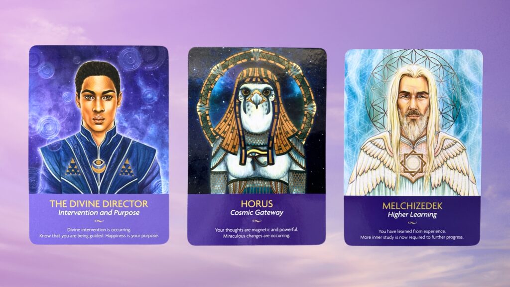 Cards from the Keepers of the Light Oracle deck: The Divine Director, Horus, and Melchizedek