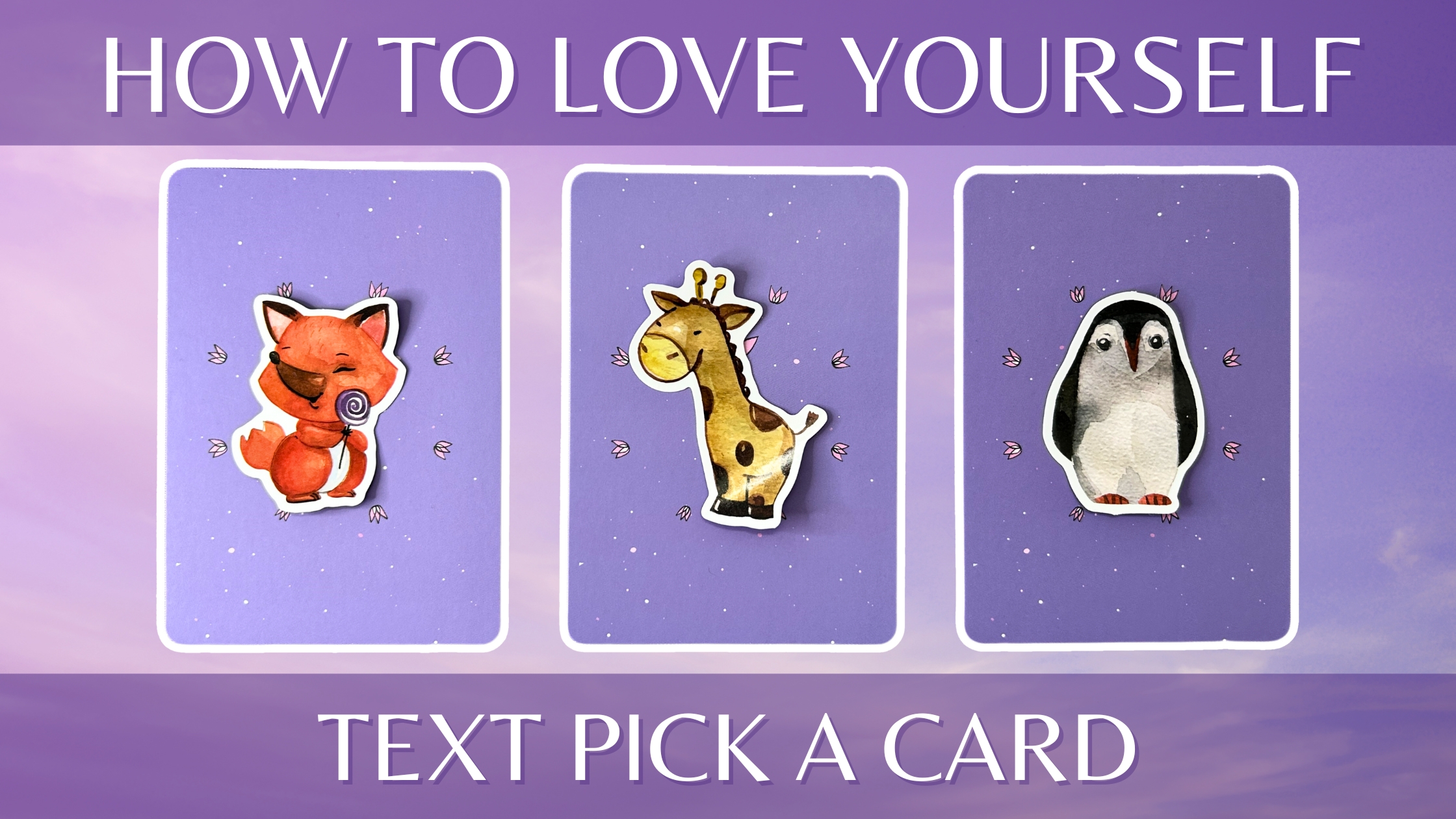 Cards from the Sacred Self-Care Oracle deck: pile 1 - fox, pile 2 - giraffe, and pile 3 - penguin