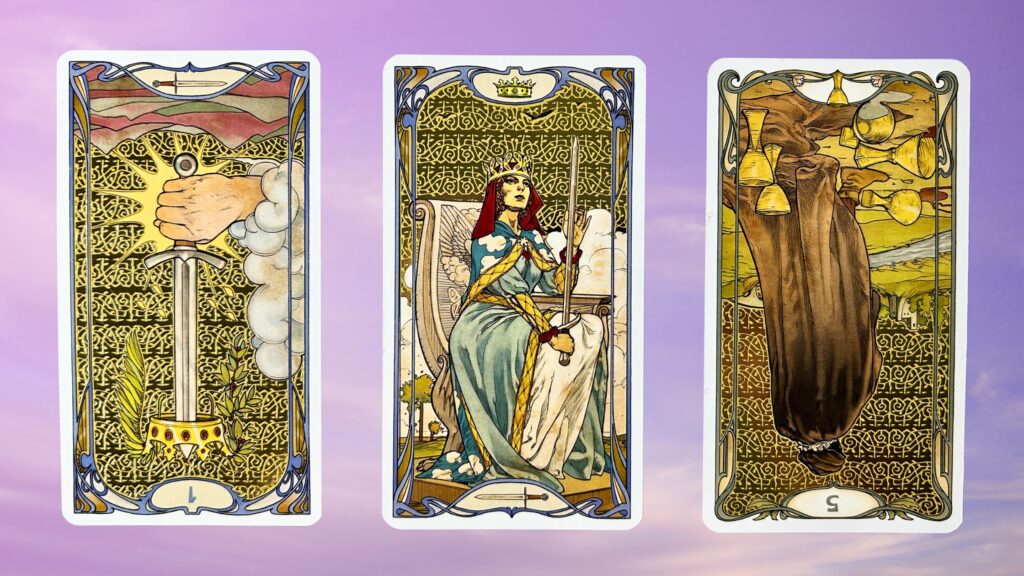 Cards from the Golden Art Nouveau Tarot deck: Ace of Swords, Queen of Swords, and the Five of Cups