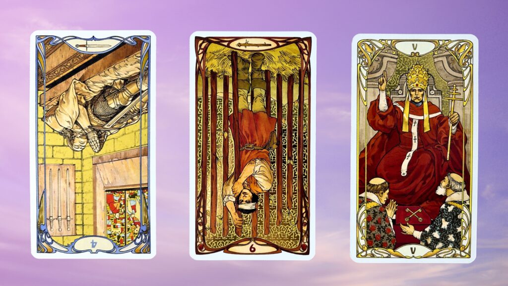 Cards from the Golden Art Nouveau Tarot deck: Four of Swords, Nine of Wands, and The Hierophant