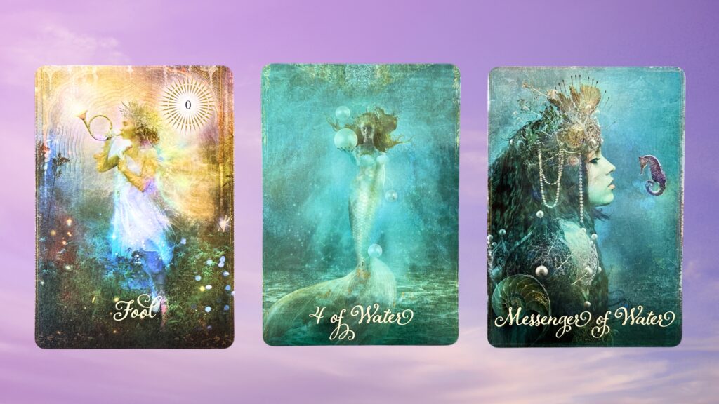 Cards from the Good Tarot deck: Fool, Four of Water, and Messenger of Water