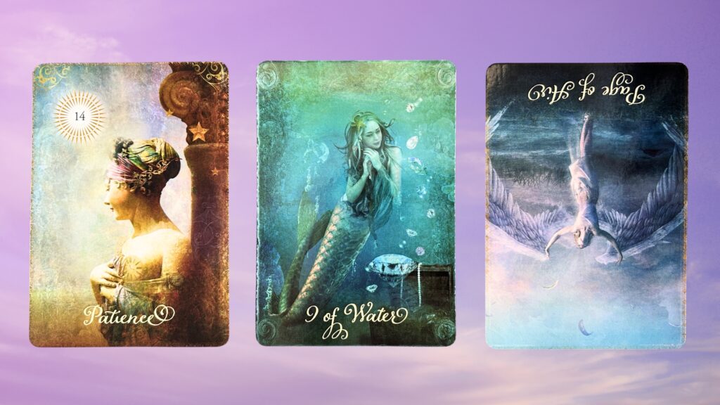 Cards from the Good Tarot deck: Patience, Nine of Water, and Page of Air