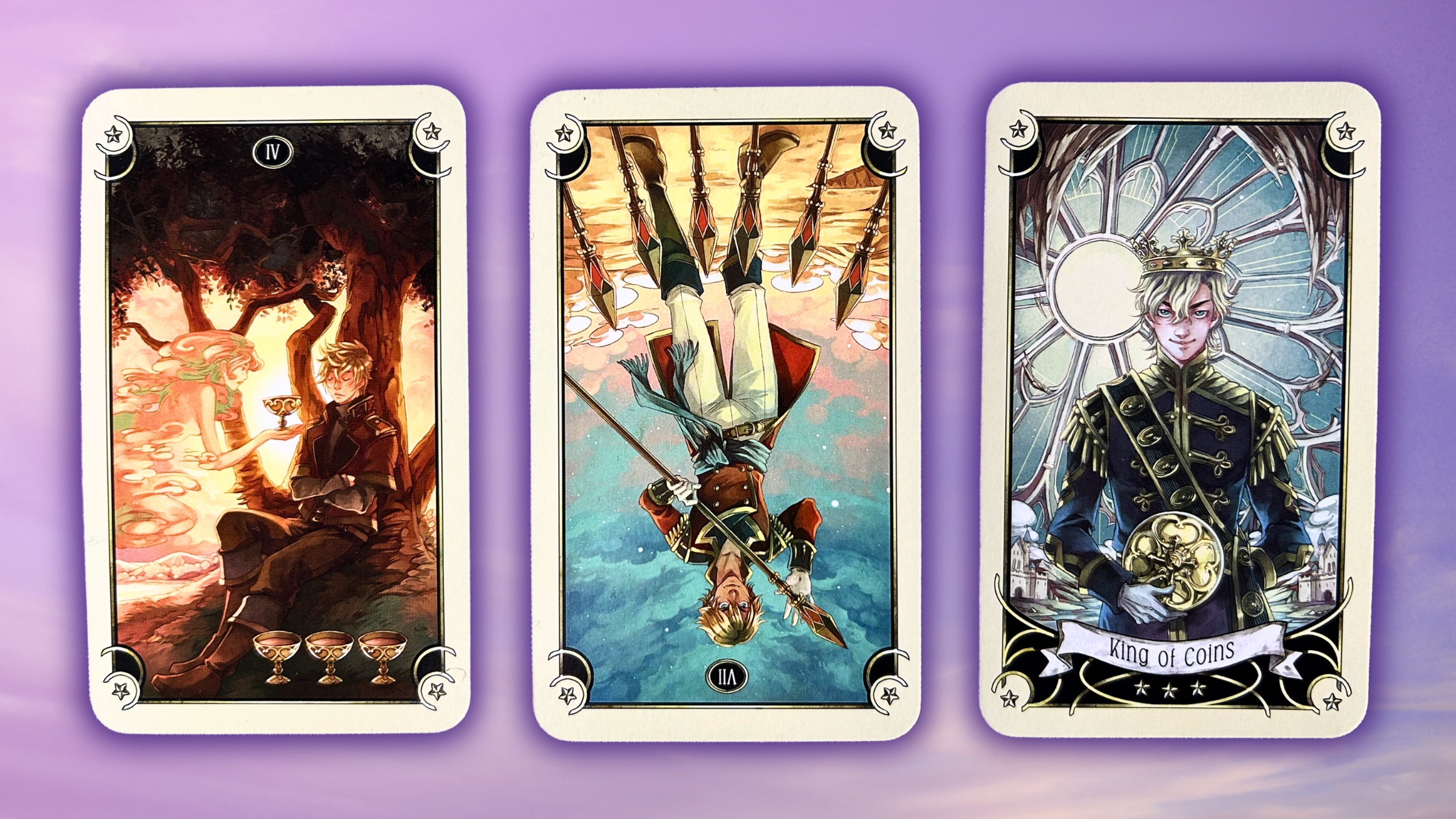 Cards from the Mystical Manga Tarot deck: Four of Cups, Seven of Wands, and King of Coins