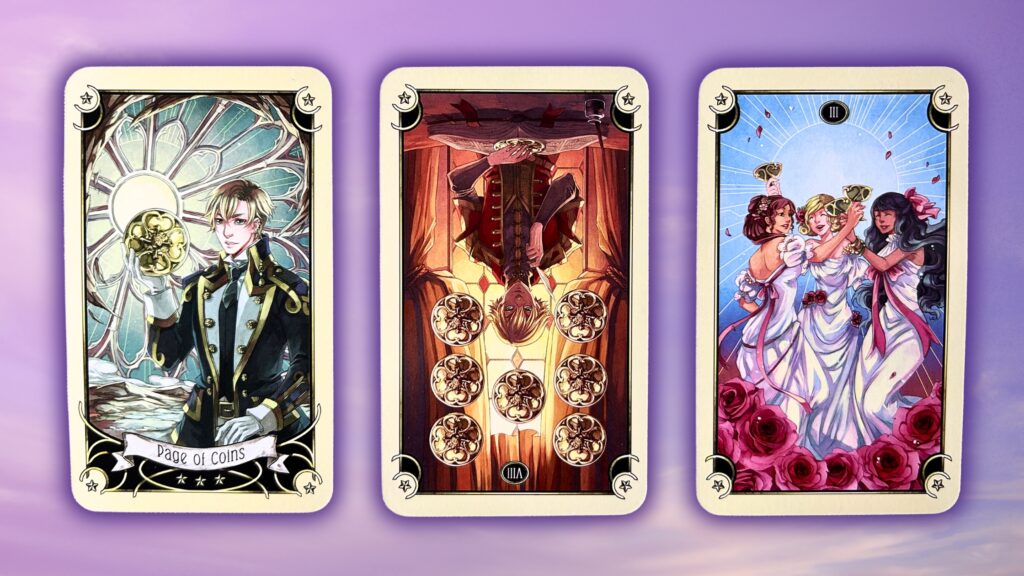 Cards from the Mystical Manga Tarot deck: Page of Coins, Eight of Coins, and Three of Cups