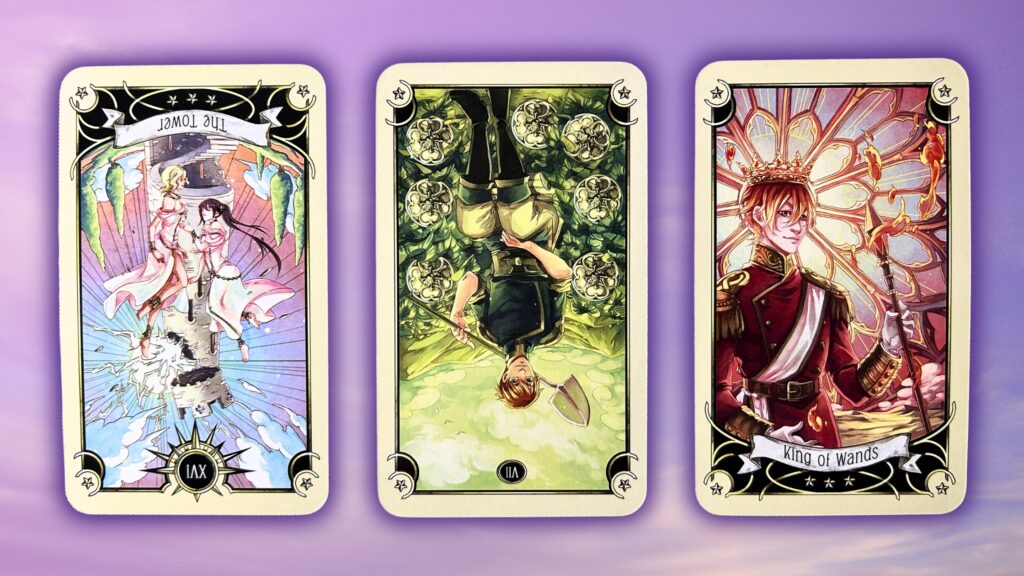 Cards from the Mystical Manga Tarot deck: The Tower, Seven of Coins, and King of Wands