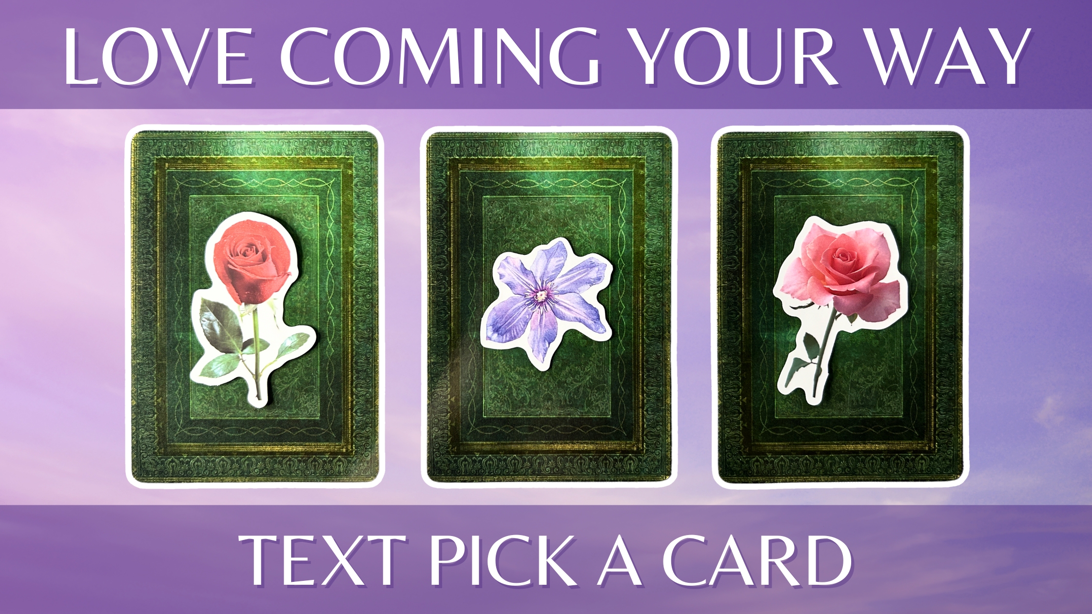 Three tarot pick a card piles from the Good Tarot deck: Pile 1 - red rose, pile 2 - purple flower, and pile 3 - pink rose