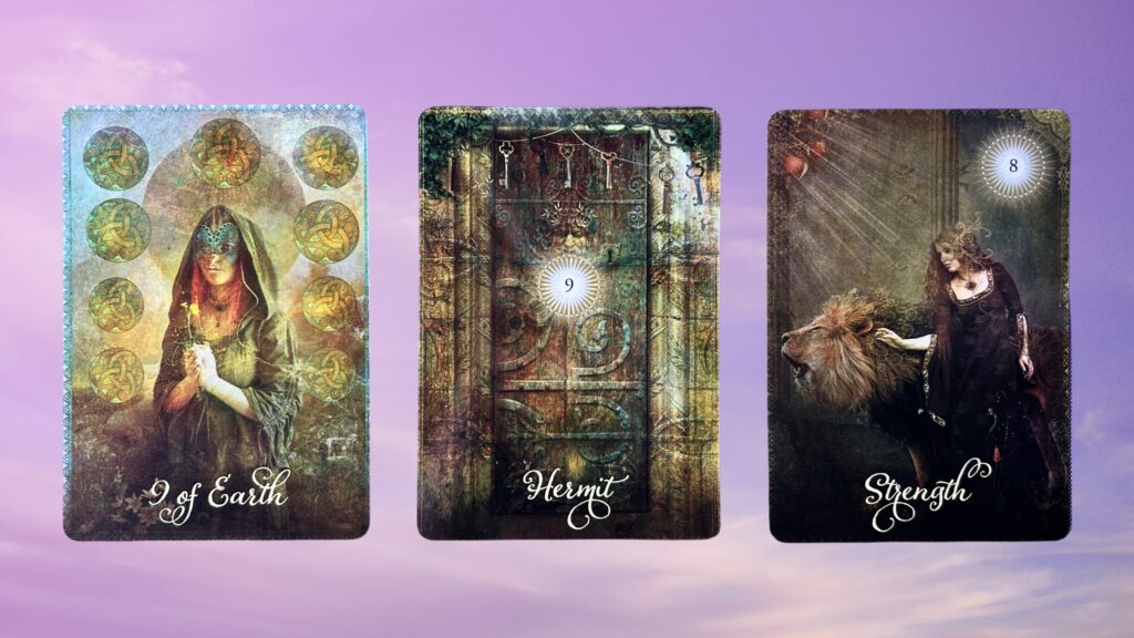 Cards from the Good Tarot deck: Nine of Earth, Hermit, and Strength