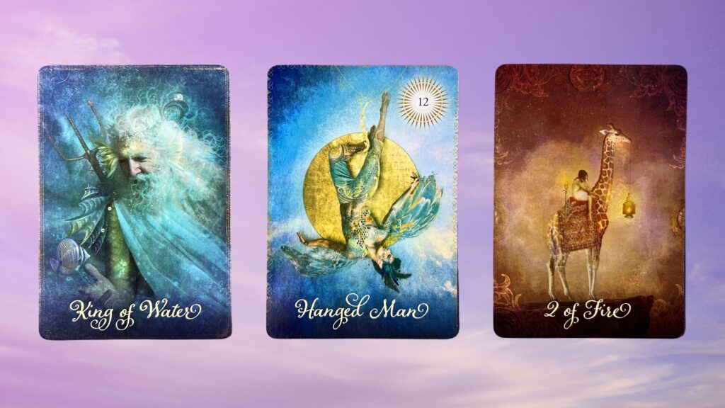 Cards from the Good Tarot deck: King of Water, Hanged Man, and Two of Fire