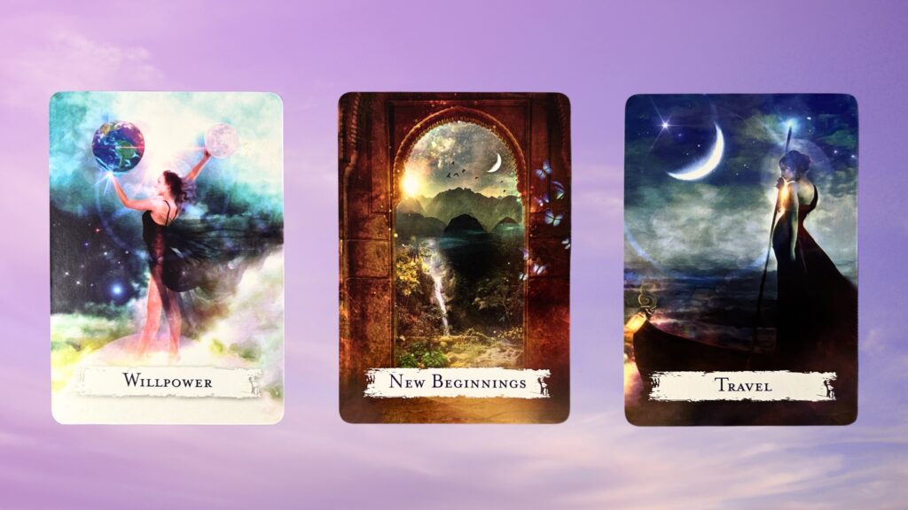 Cards from the Spellcasting Oracle deck: Willpower, New Beginnings, and Travel