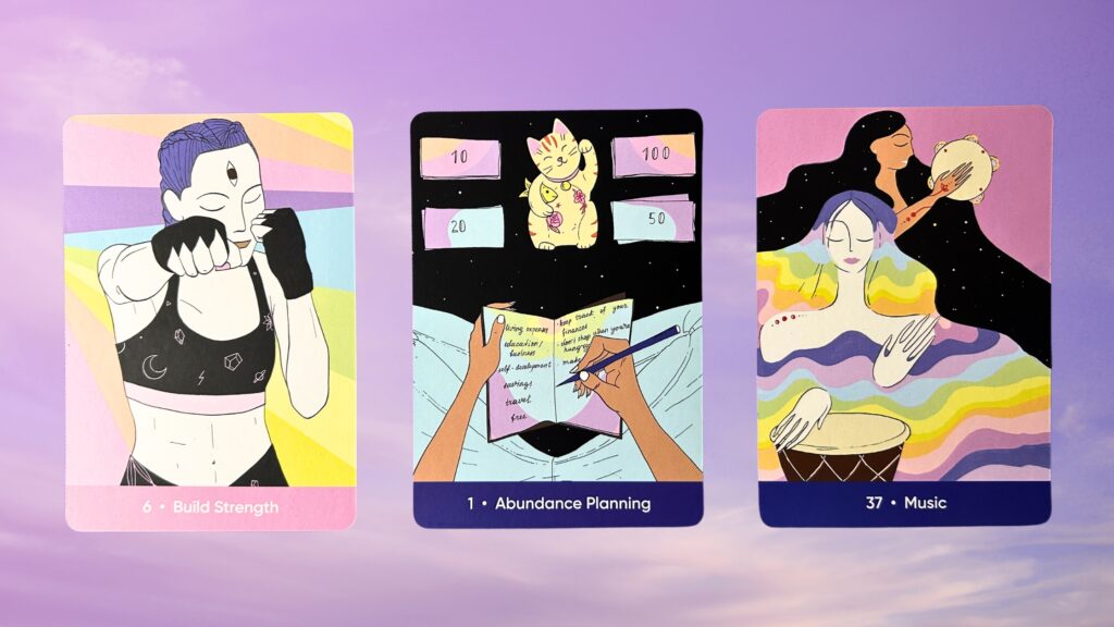 Cards from the Sacred Self-Care Oracle deck: Build Strength, Abundance Planning, and Music