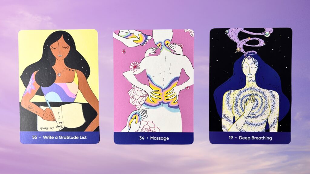 Cards from the Sacred Self-Care Oracle deck: Write a Gratitude List, Massage, and Deep Breathing