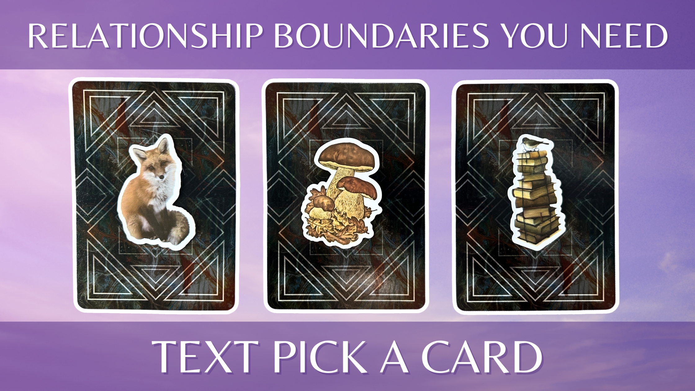 Three pick a card piles from the Dark Mirror Oracle deck: pile 1 - fox, pile 2 - mushrooms, and pile 3 - books