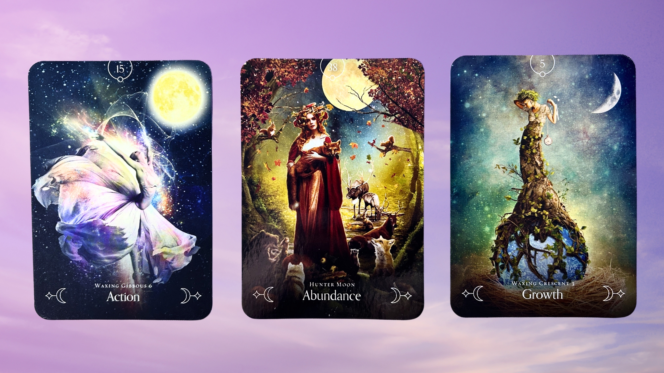 Cards from the Queen of the Moon Oracle deck: Action, Abundance, and Growth