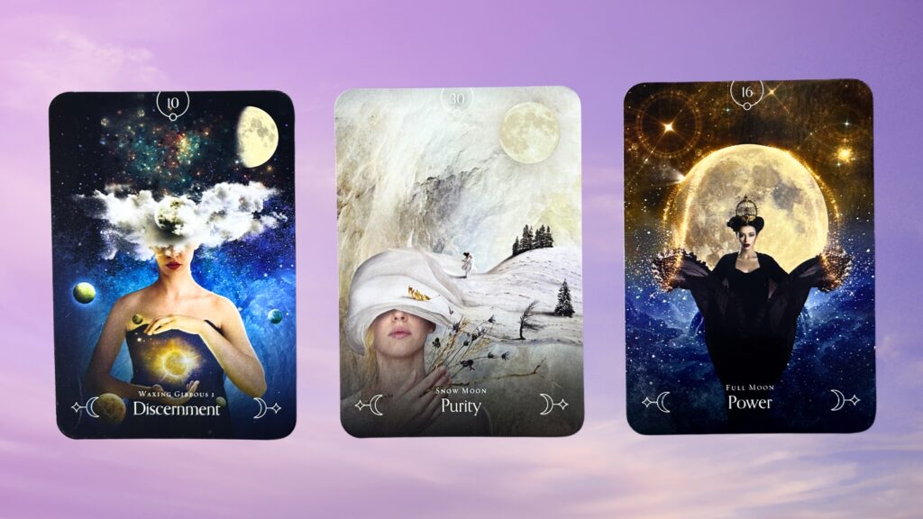 Cards from the Queen of the Moon Oracle deck: Discernment, Purity, and Power