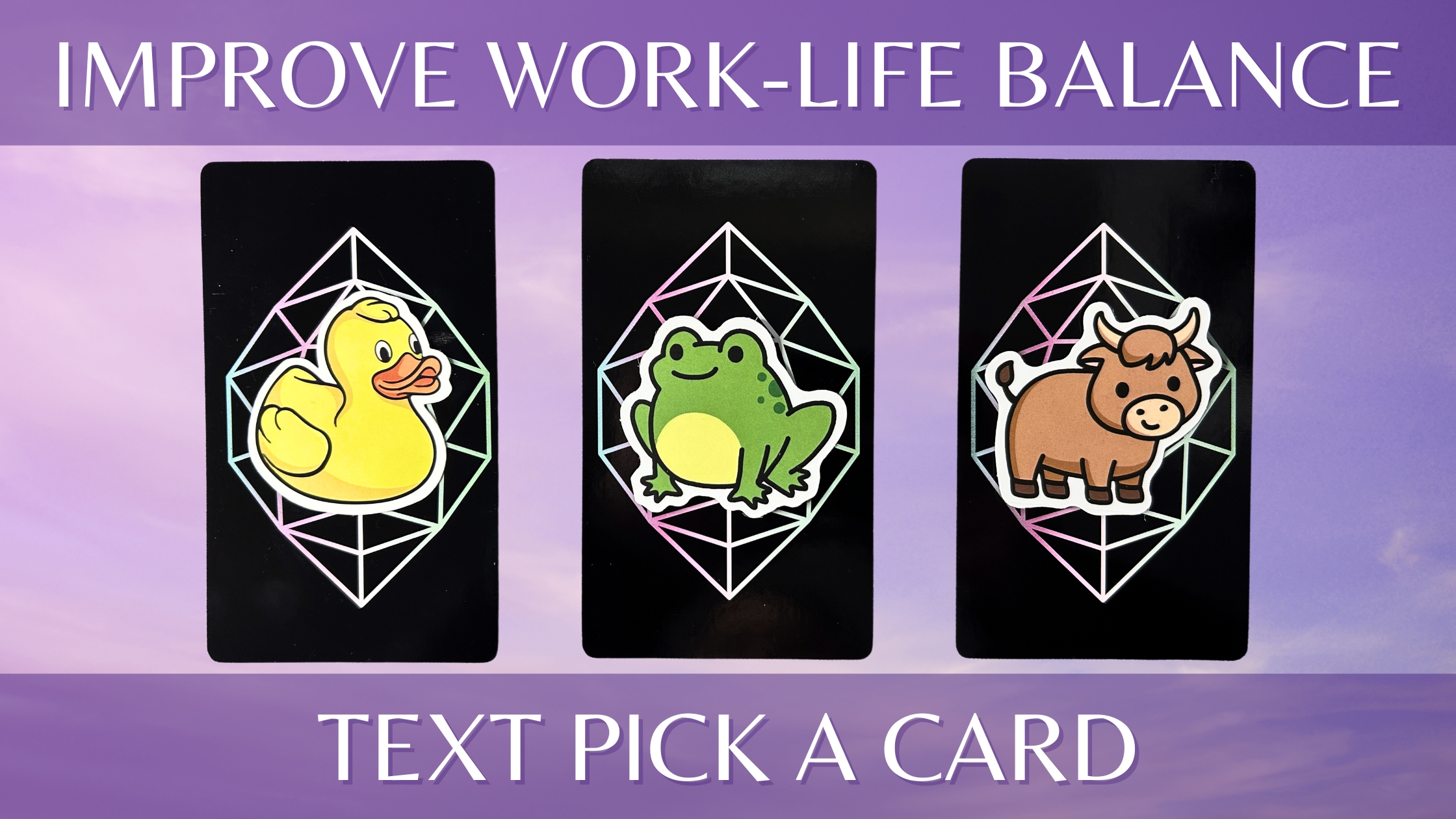 Three pick a card piles from the Mystic Mondays Tarot deck: pile 1 - duck, pile 2 - frog, and pile 3 - cow