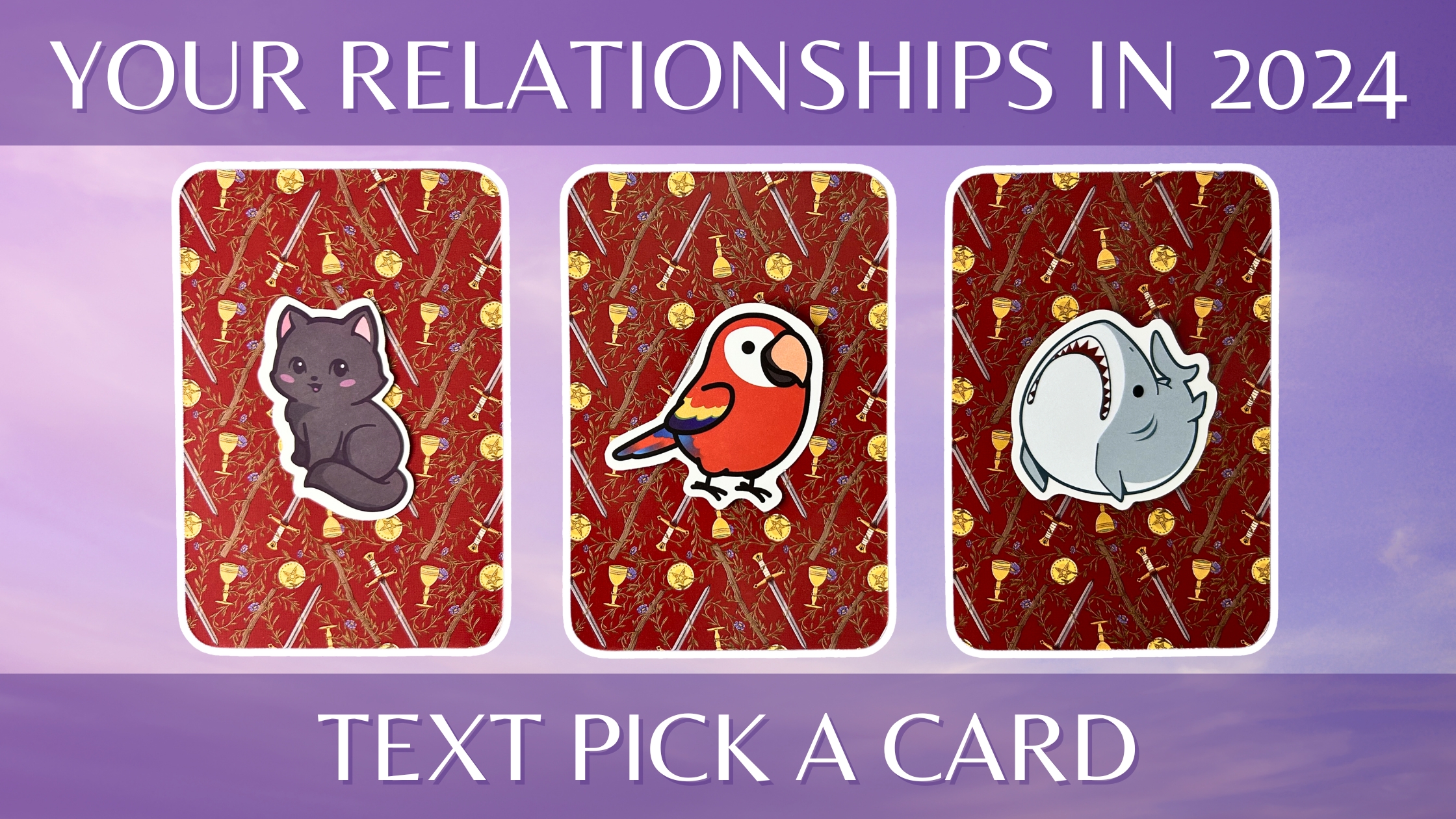 Three pick a card piles from the True Heart Intuitive Tarot deck: pile 1 - cat, pile 2 - parrot, and pile 3 - shark