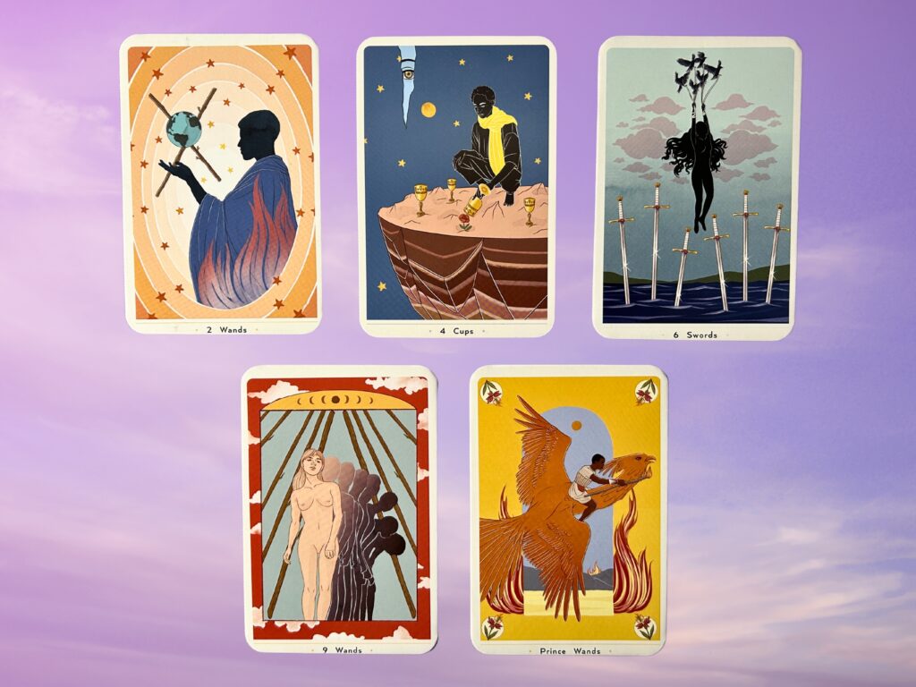 Cards from the True Heart Intuitive Tarot deck: Two of Wands, Four of Cups, Six of Swords, Nine of Wands, and Prince of Wands