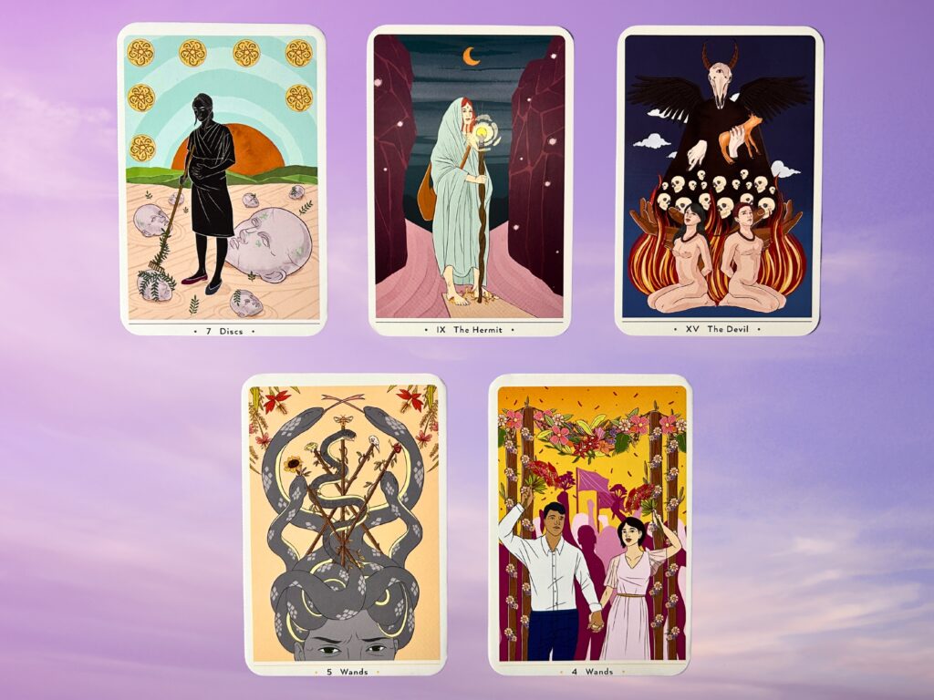 Cards from the True Heart Intuitive Tarot deck: Seven of Discs, The Hermit, The Devil, Five of Wands, and Four of Wands