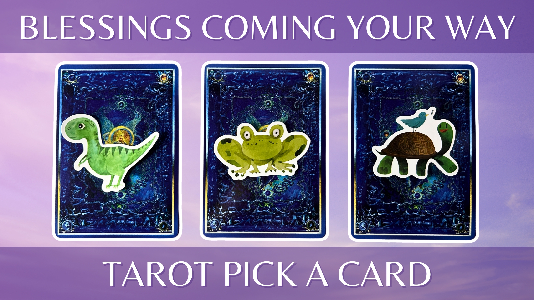 Three pick a card piles from the Angel Tarot deck: pile 1 - dinosaur, pile 2 - frog, and pile 3 - turtle