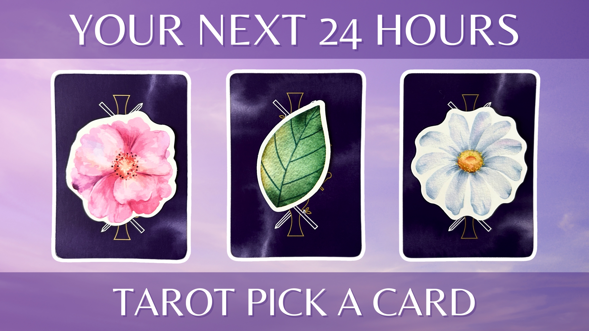 Three tarot pick a card piles. Pile 1 - pink flower, pile 2 - green leaf, and pile 3 - white flower