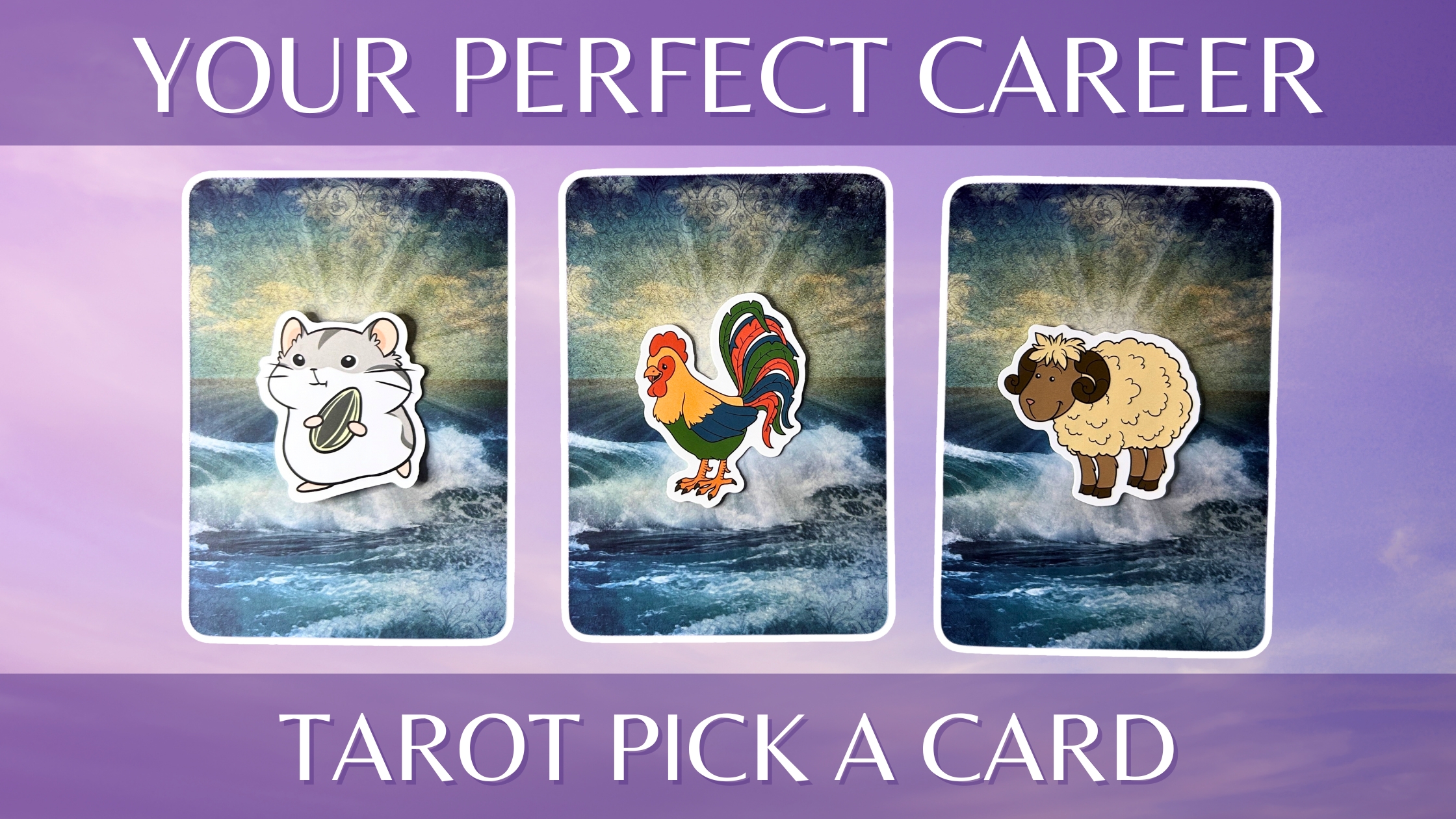 Three tarot pick a card piles: pile 1 - hamster, pile 2 - rooster, and pile 3 - ram