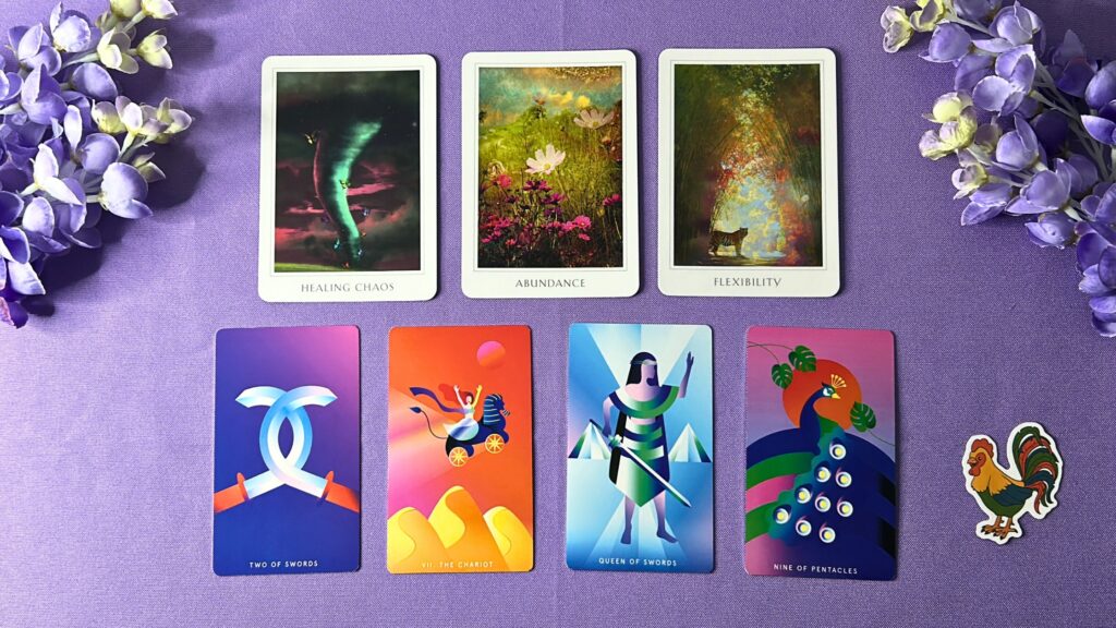 Cards from the Sacred Destiny Oracle and the Mystic Mondays Tarot decks