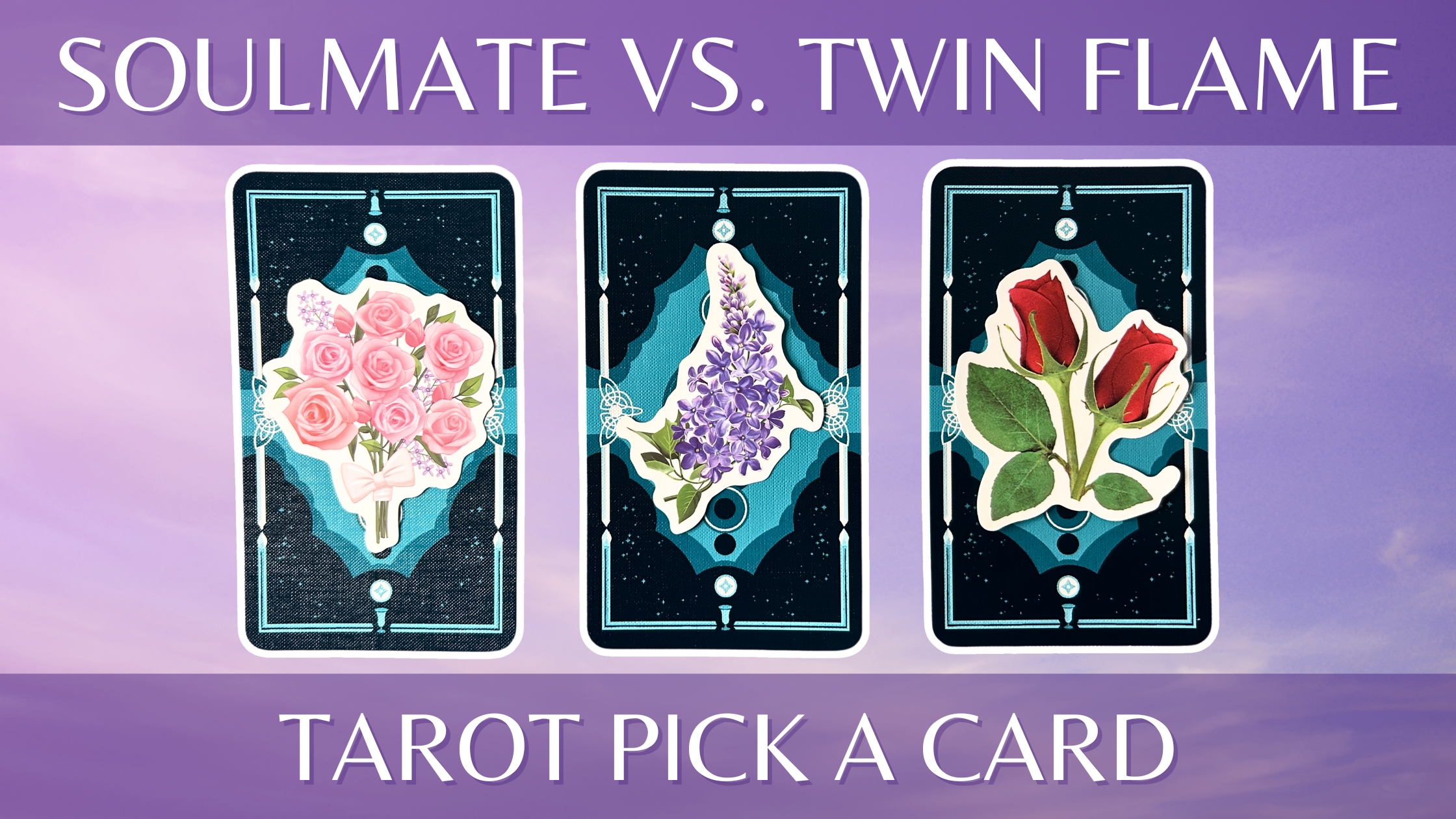 Three tarot pick a card piles: pile 1 - pink flowers, pile 2 - purple flowers, and pile 3 - red flowers