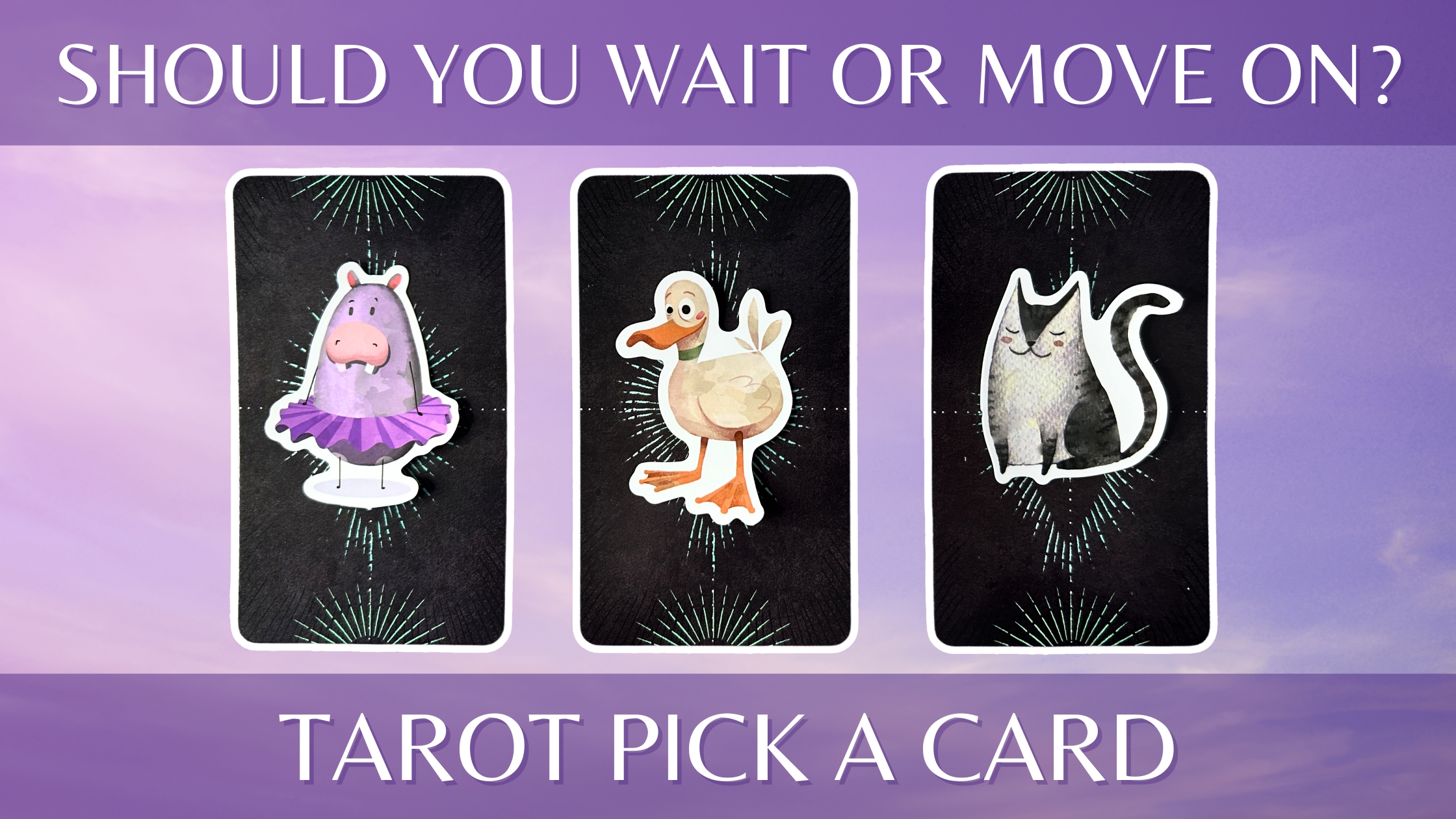 Three tarot pick a card piles: pile 1 - hippo, pile 2 - duck, and pile 3 - cat