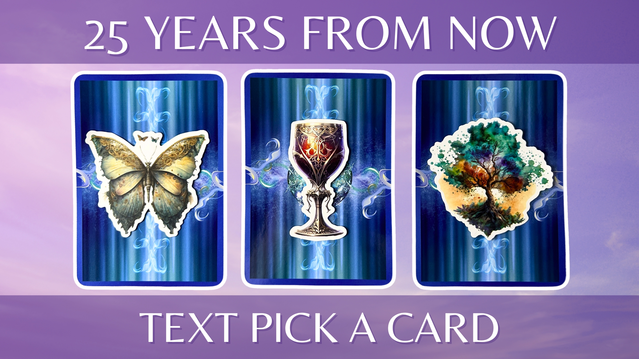 Three oracle pick a card piles: pile 1 - moth, pile 2 - goblet, and pile 3 - tree