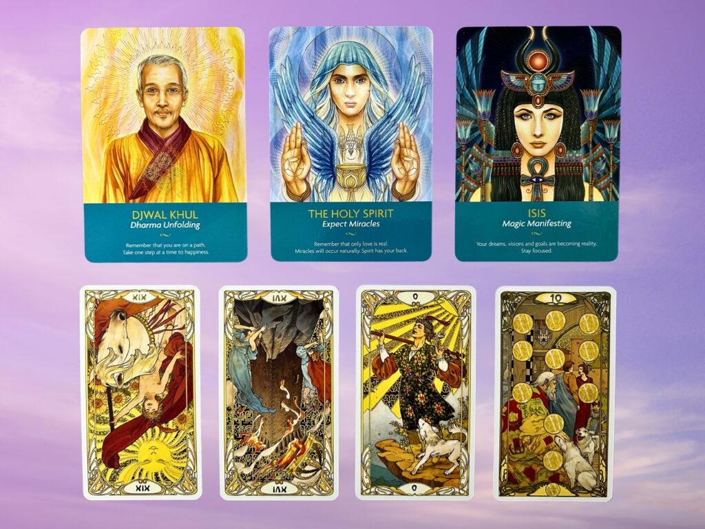 Cards from the Keepers of the Light Oracle and the Golden Art Nouveau Tarot deck