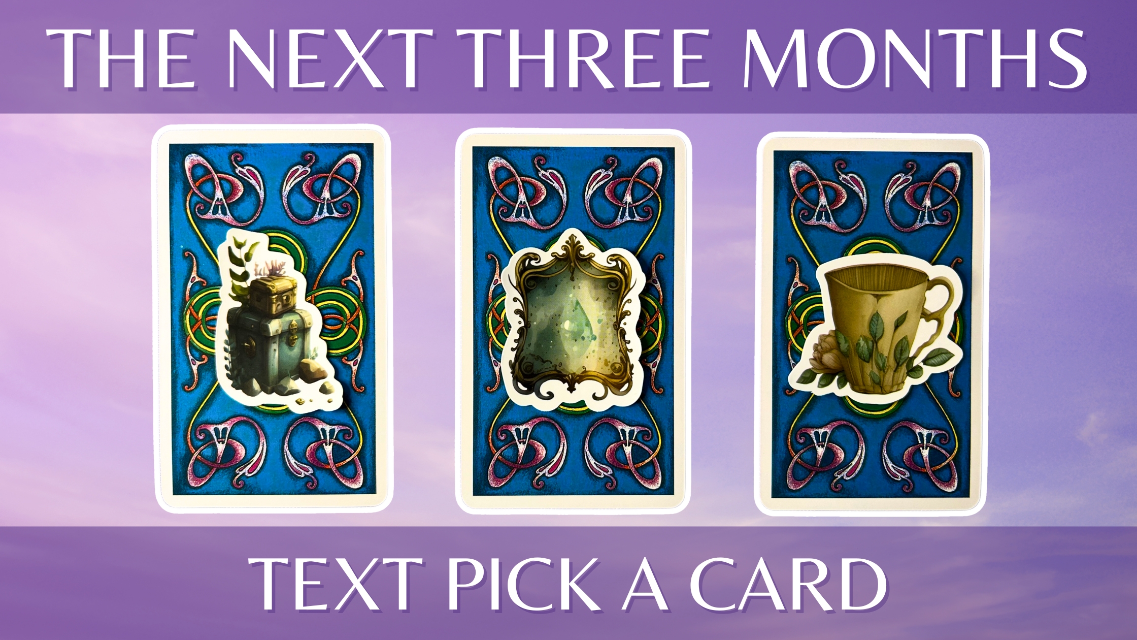 Three tarot pick a card piles from the Mary-Hanson Roberts deck: pile 1 - treasure, pile 2 - mirror, and pile 3 - cup