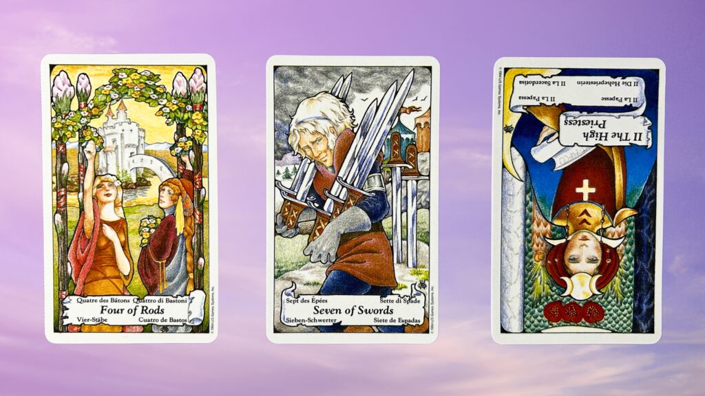 Cards from the Mary-Hanson Roberts Tarot deck: four of rods, seven of swords, the high priestess