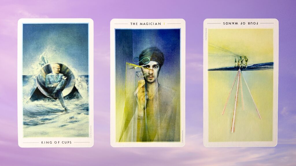 Cards from the Fountain Tarot deck: King of Cups, The Magician, and Four of Wands