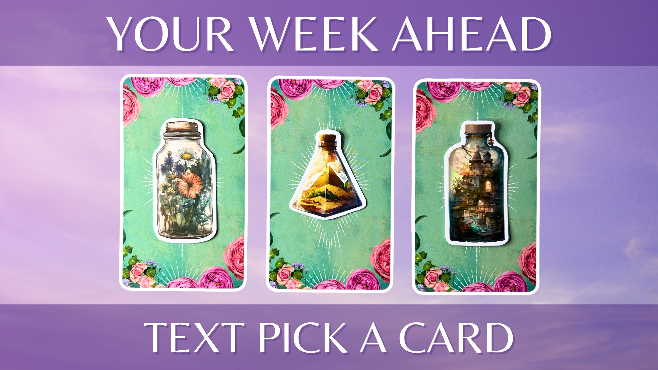 Three tarot pick a card piles from the Muse Tarot deck: pile 1 - flowers, pile 2 - pyramid, and pile 3 - town