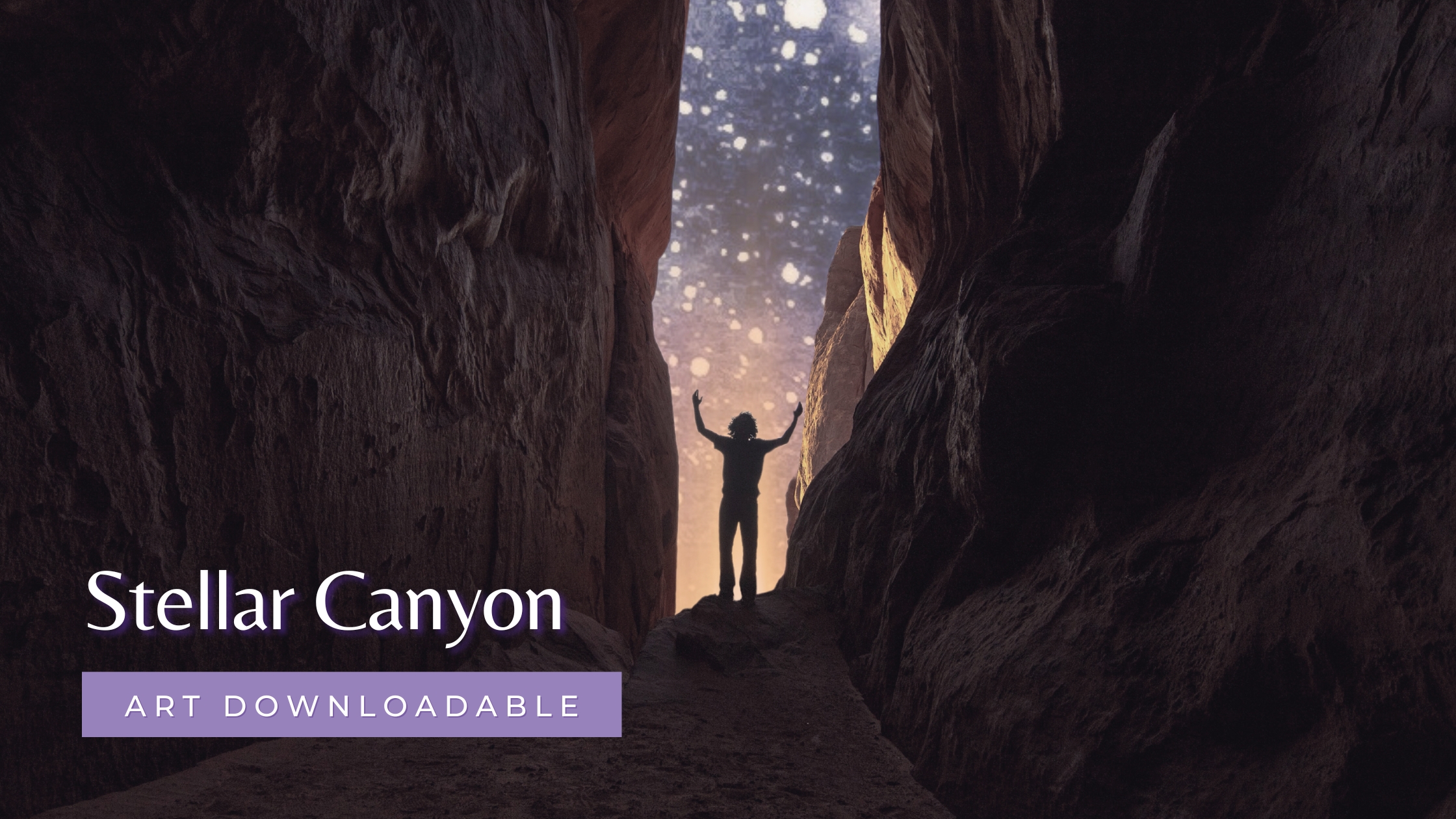 The silhouette of a man standing in a canyon with a space background.