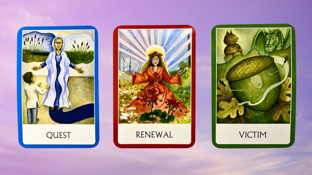 Cards from the Chakra Wisdom Oracle deck: Quest, Renewal, and Victim